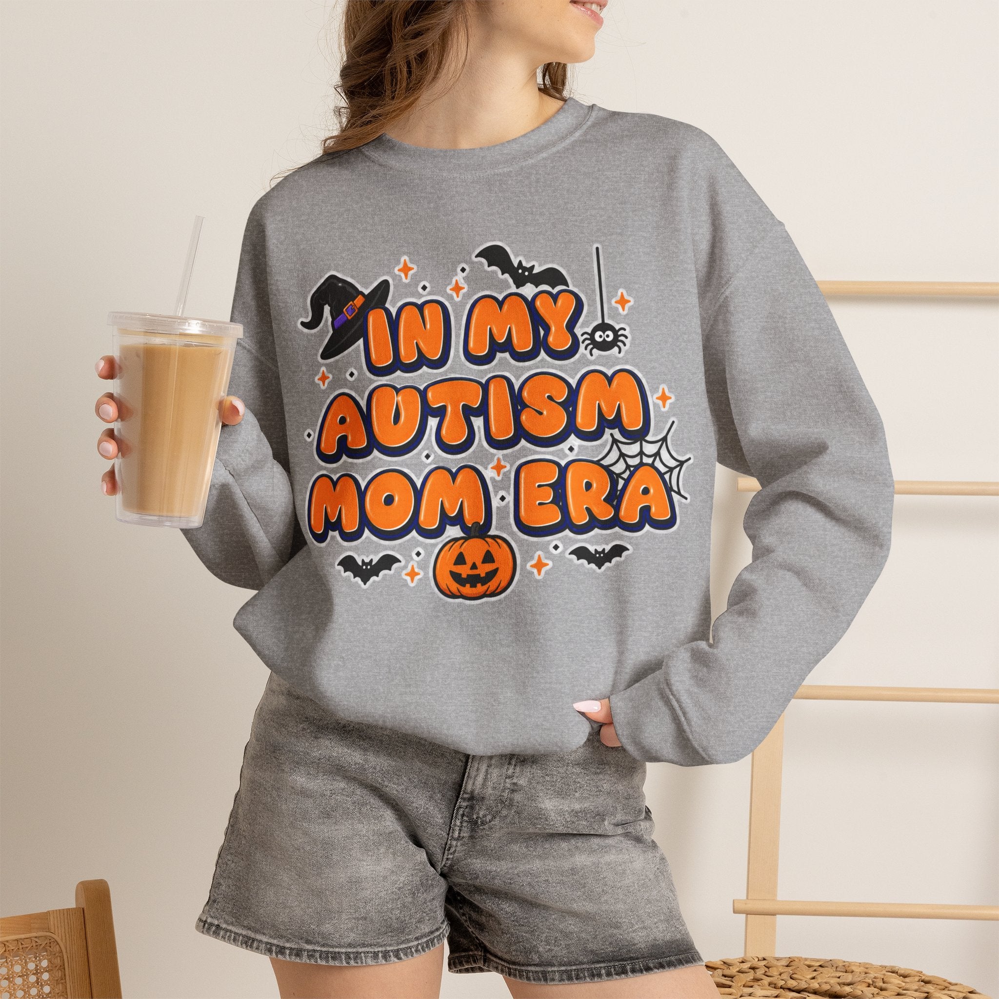 In My Autism Mom Era Sweatshirt, Halloween Pumpkin Bats Witch Hat Crewneck, Autism Awareness Fall Shirt, Autism Mom Halloween Gift