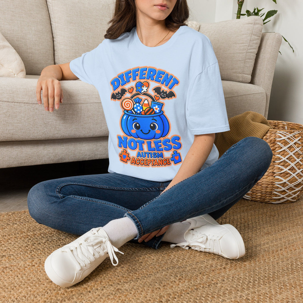 Different Not Less Halloween Shirt, Autism Acceptance Pumpkin Tee, Halloween Autism Awareness T-Shirt, Trick or Treat Bucket Gift