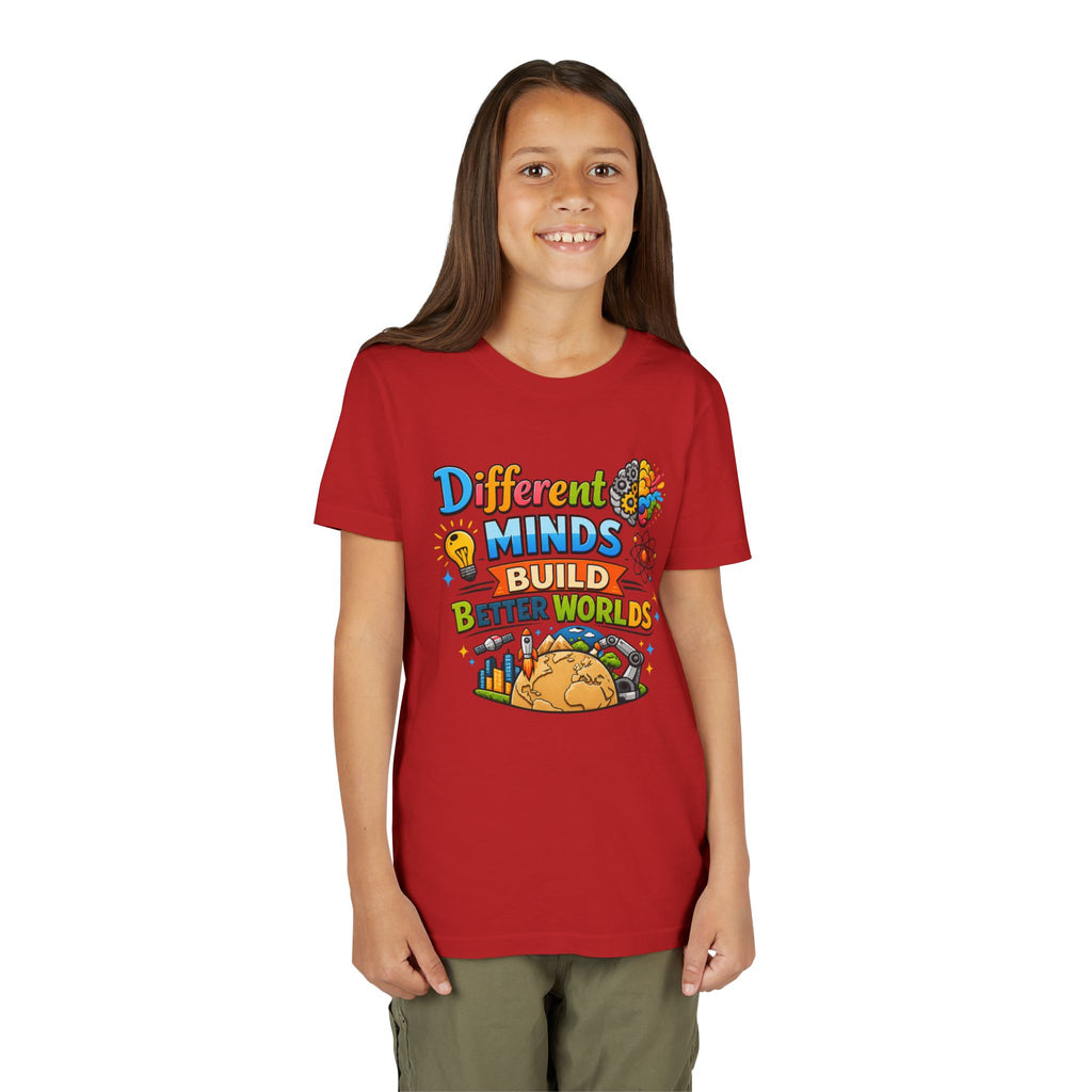 Different Minds Build Better Worlds Youth Tee | STEM, Creativity, Inclusion