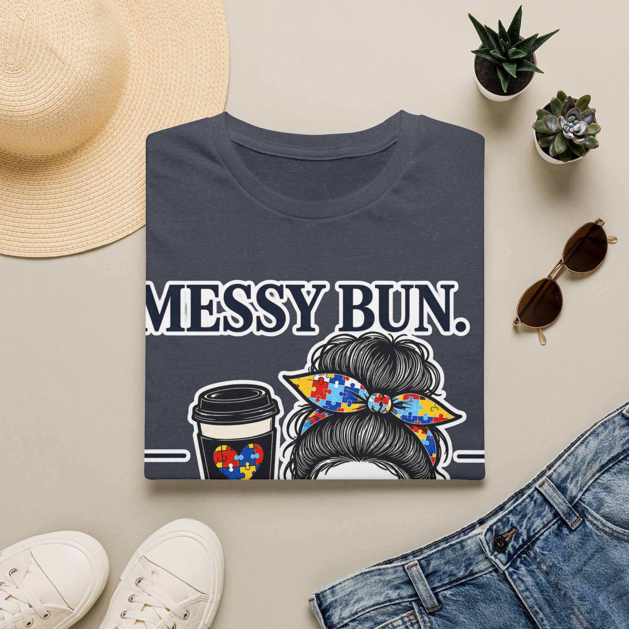 Messy Bun Coffee Mom Life Autism Acceptance Shirt | Autism Mom T-Shirt | Neurodiversity Support Tee | Special Needs Mom Gift