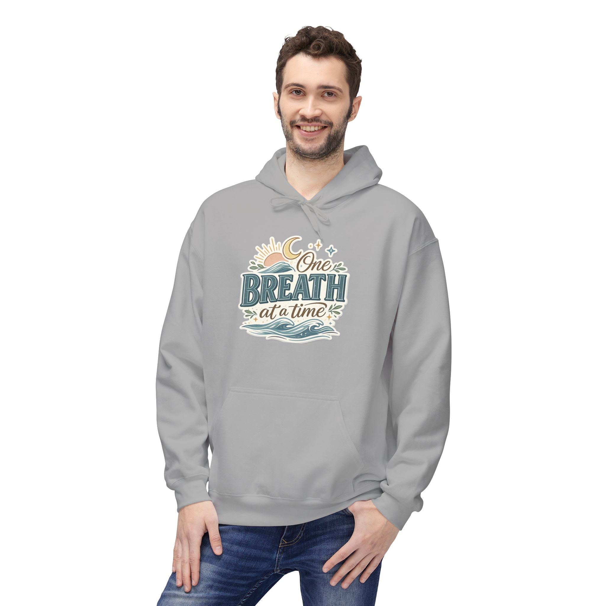 One Breath at a Time Hoodie | Ocean Waves Sun Illustration
