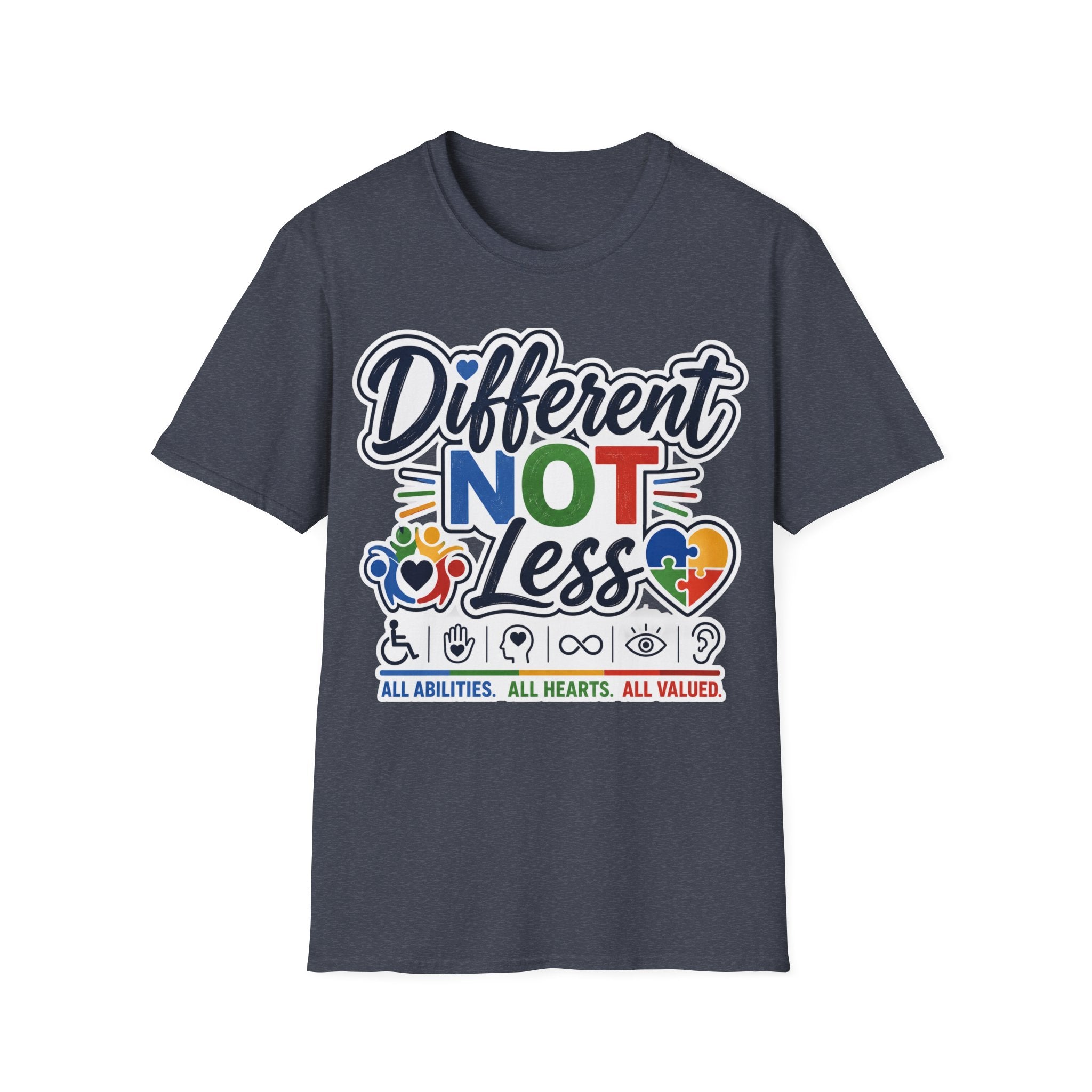 Different NOT Less T-Shirt | Disability Pride, Inclusive Rainbow Design