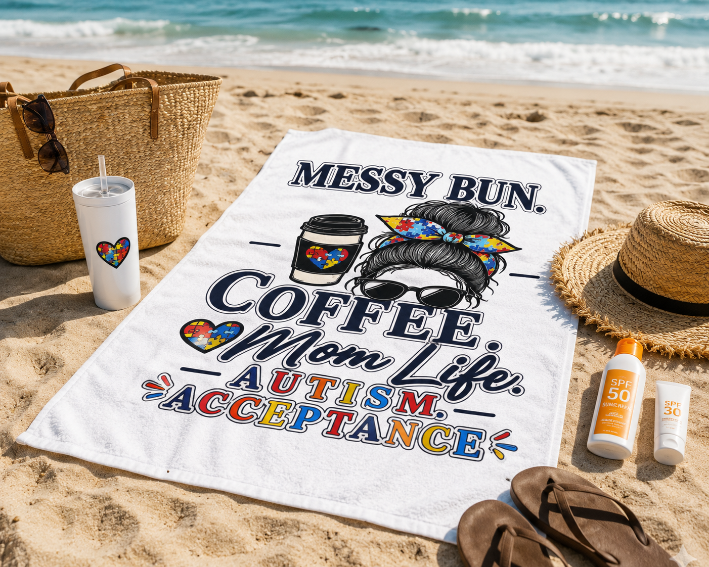 Messy Bun Coffee Mom Life Beach Towel | Autism Acceptance ribbon, colorful design