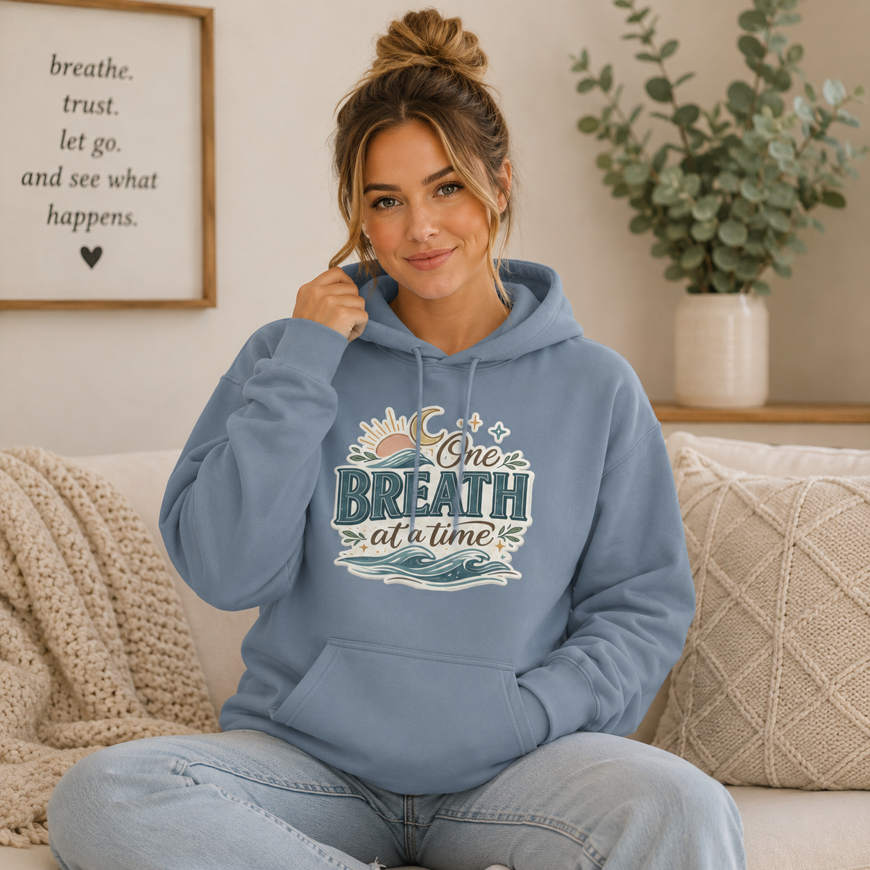 One Breath at a Time Hoodie | Ocean Waves Sun Illustration