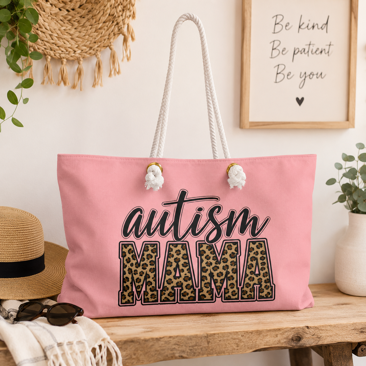 Autism Mama Weekender Bag — Pink Leopard Print Tote for Proud Moms