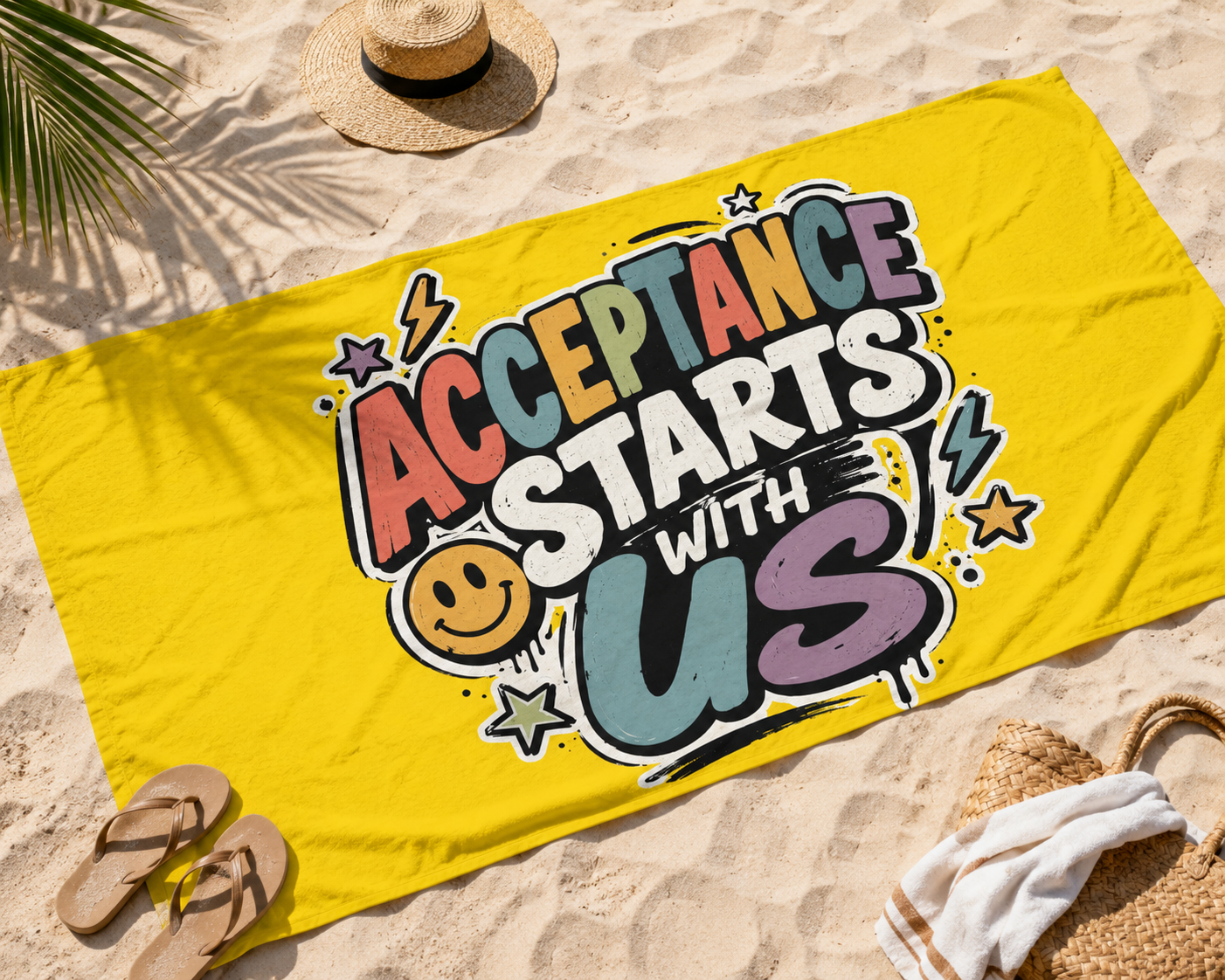 Acceptance Starts With Us Beach Towel | Rainbow Typography, Positive Message