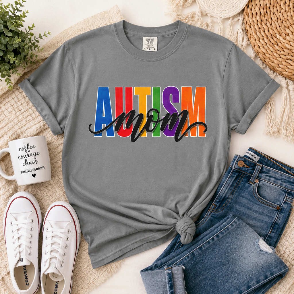 Autism Mom Shirt Autism Mom T Shirt Rainbow Block Letter Tee Script Mom Graphic Autism Awareness Autism Acceptance Gift for Mom