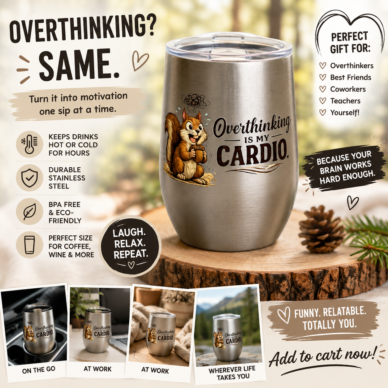 Overthinking Is My Cardio Wine Tumbler Funny Anxiety Cup ADHD Travel Mug Mental Health Gift Stainless Steel Wine Tumbler
