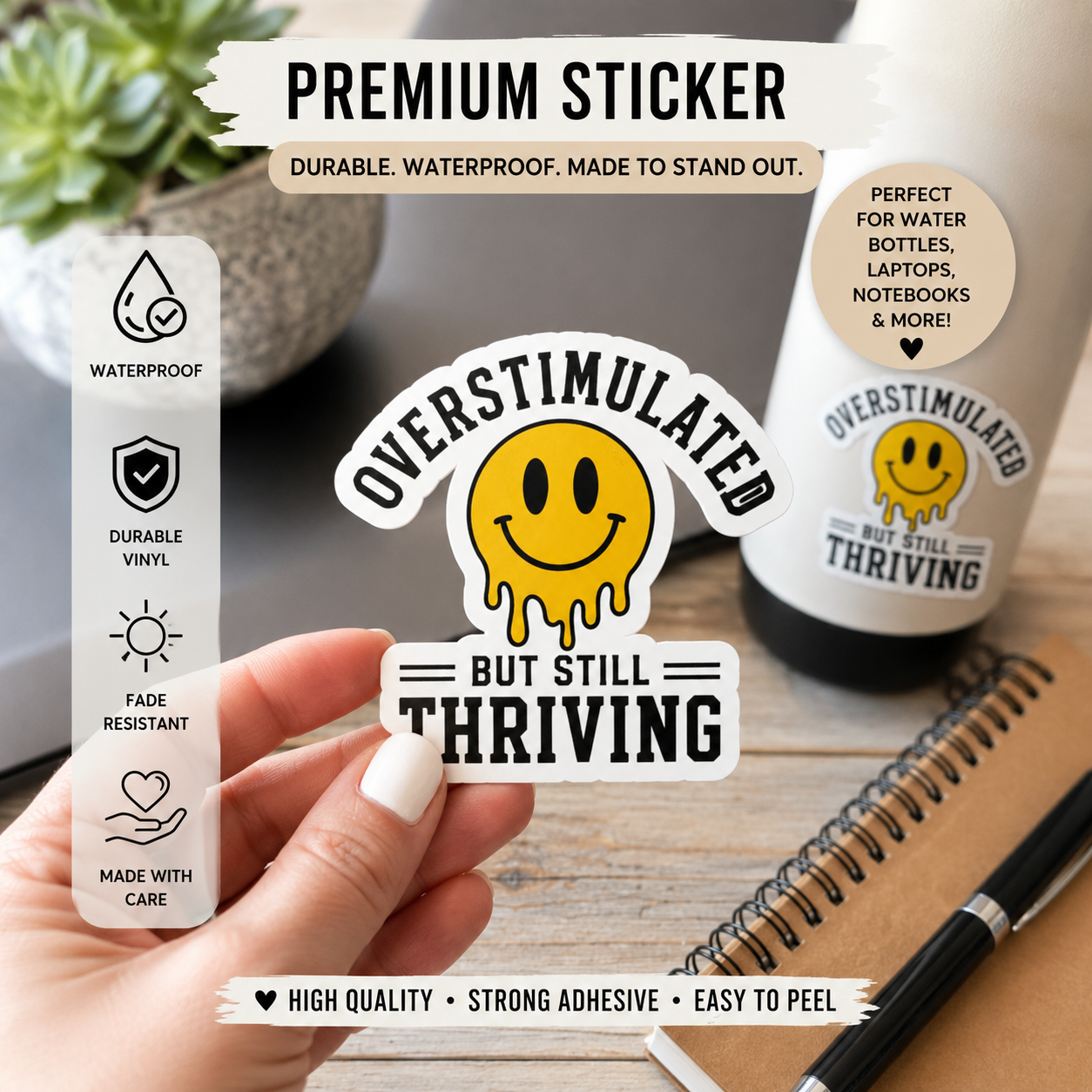 Overstimulated But Still Thriving Sticker Funny Mental Health Vinyl Decal Neurodivergent ADHD Anxiety Waterproof Laptop Water Bottle Sticker