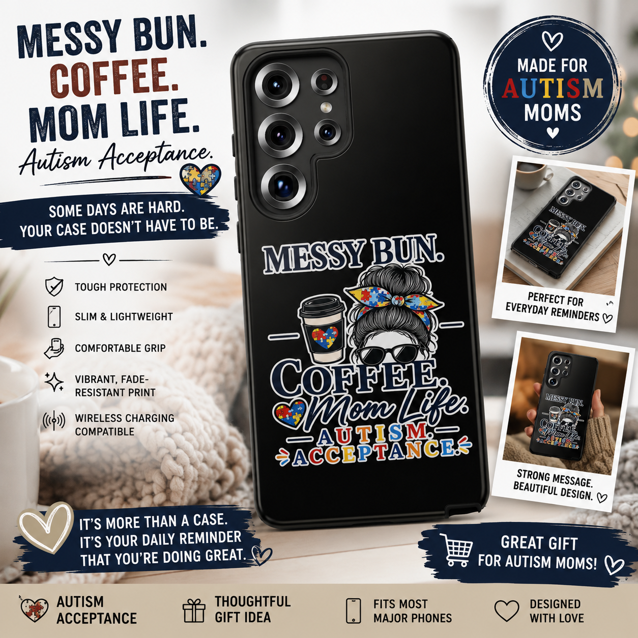 Autism Mom Phone Case Messy Bun Coffee Mom Life Tough Case Autism Acceptance iPhone Samsung Case Special Needs Mom Gift