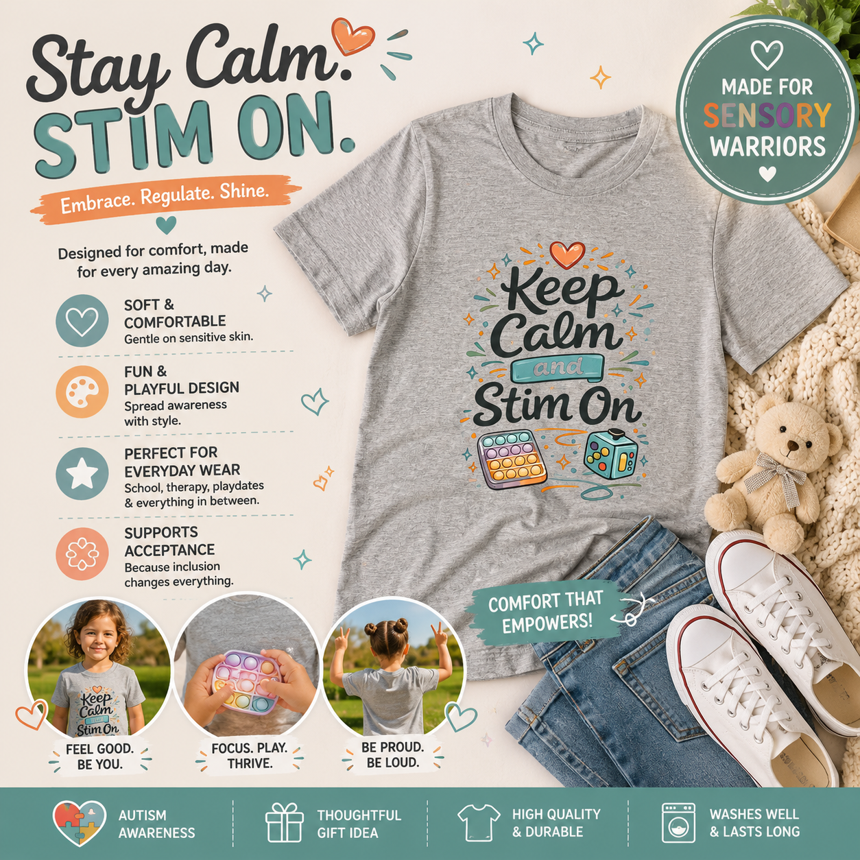 Keep Calm and Stim On Youth Shirt Autism Sensory T Shirt Neurodivergent Kids Tee Fidget Toy Gift Special Needs Awareness