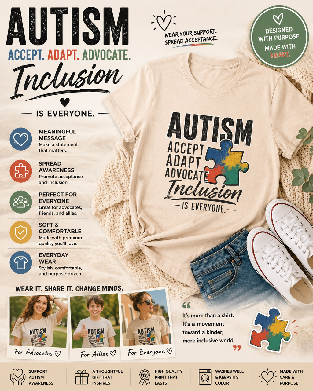 Autism Acceptance Shirt Inclusion Advocate T Shirt Puzzle Piece Tee Neurodiversity Awareness Special Needs Support Unisex Gift