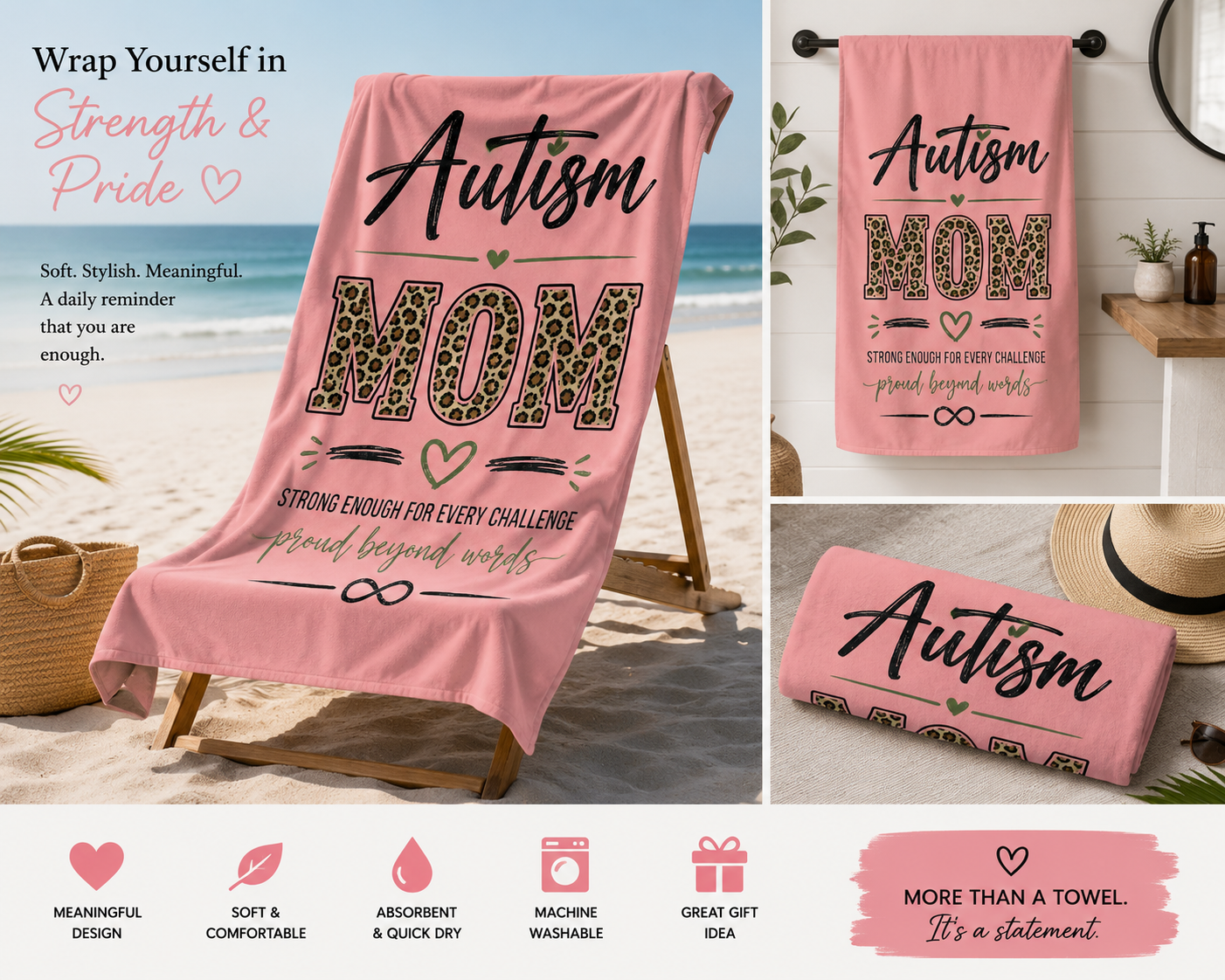 Autism Mom Beach Towel - Pink Leopard Print Supportive Infinity Symbol