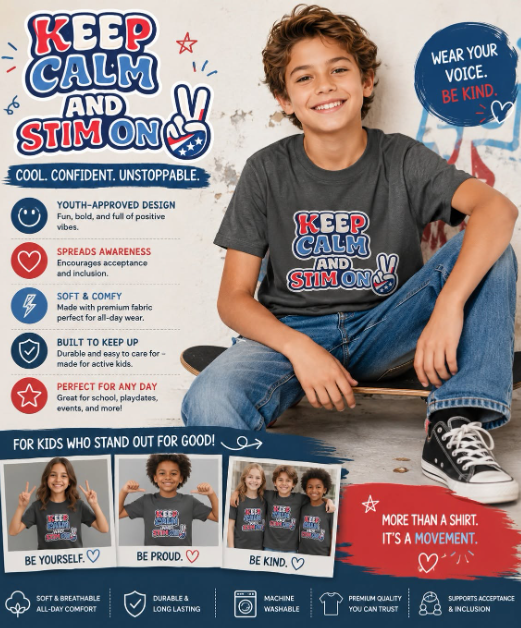 Keep Calm and Stim On Youth Shirt Autism Awareness T Shirt Peace Sign Tee Neurodivergent Kids Sensory Shirt Special Needs Gift