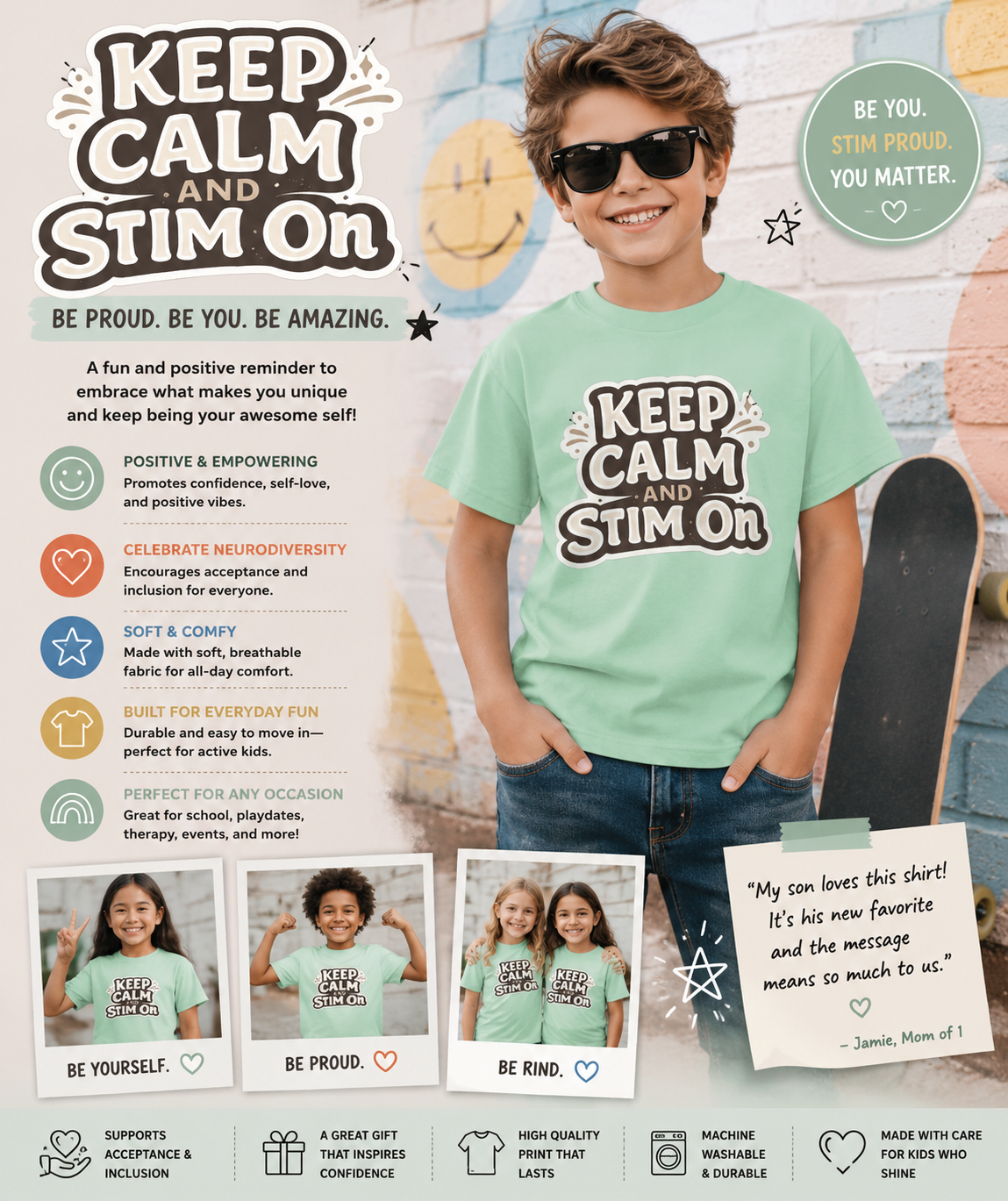 Keep Calm and Stim On Youth Shirt Autism Awareness T Shirt Sensory Friendly Tee Neurodivergent Kids Special Needs Gift Stimming