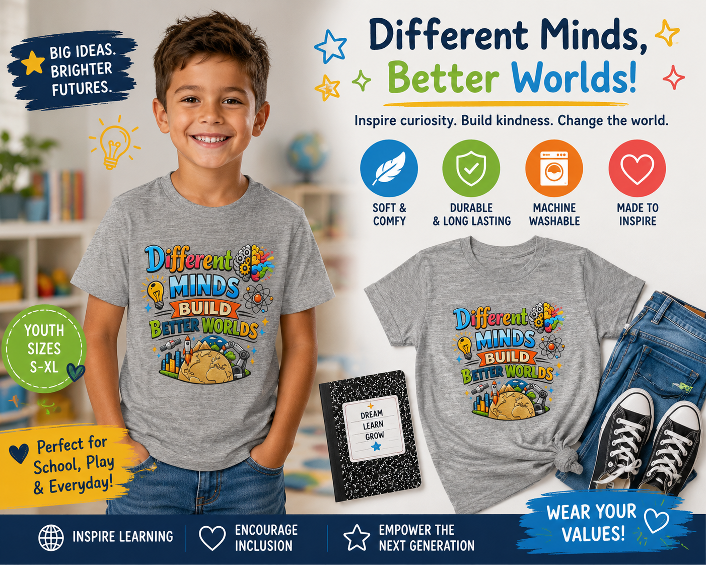 Different Minds Build Better Worlds Youth Tee | STEM, Creativity, Inclusion