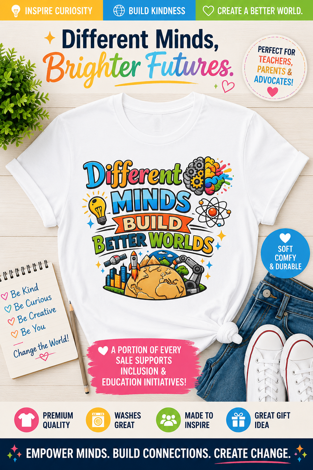Different Minds Build Better Worlds T-Shirt | Inclusive Neurodiversity Tee