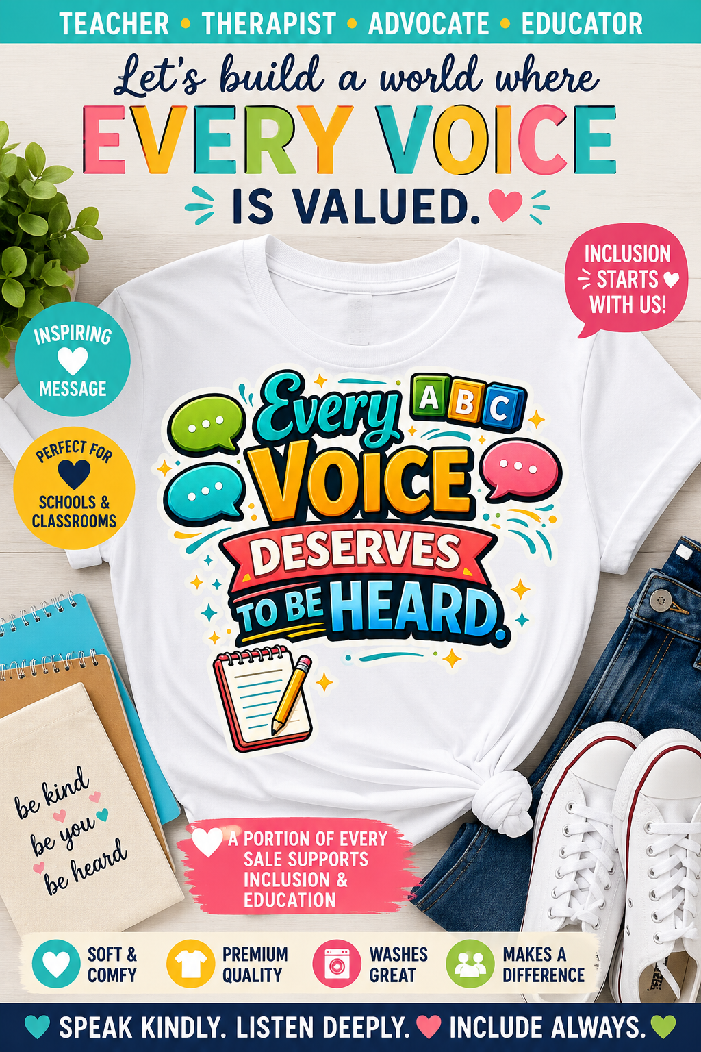 Every Voice Deserves to Be Heard T-Shirt | Speech Therapy, Educator Tee