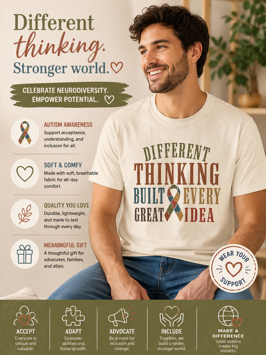 Different Thinking Built Every Great Idea T-Shirt | Autism Awareness Ribbon