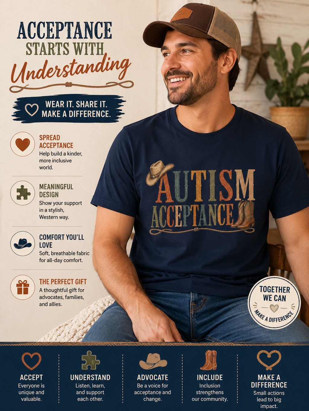 Autism Acceptance T-Shirt | Western Cowboy Hat Typography