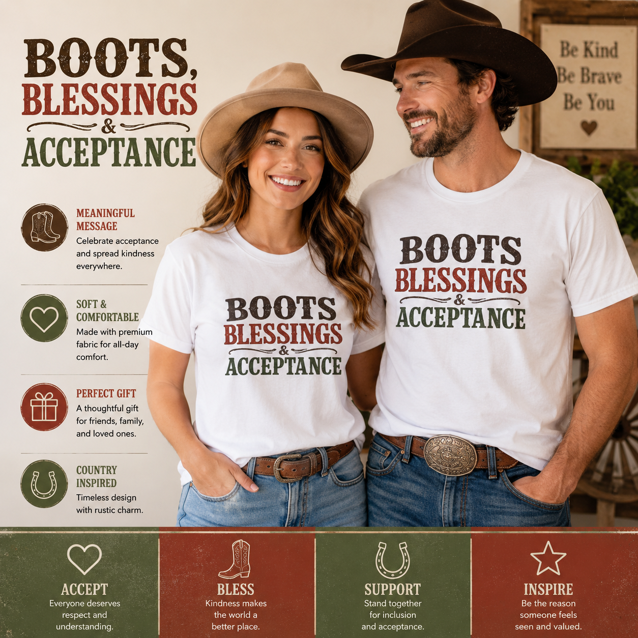 Boots Blessings & Acceptance T-Shirt | Western Typography, Rustic Faith Tee