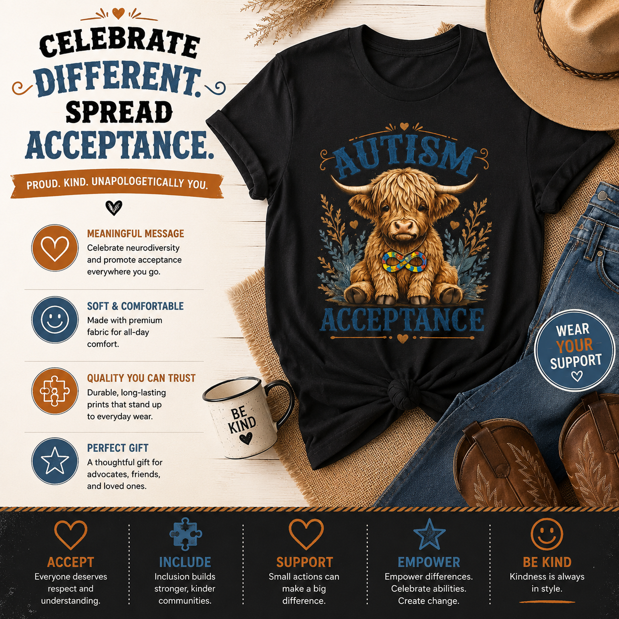 Autism Acceptance Highland Cow T-Shirt | Awareness, Support