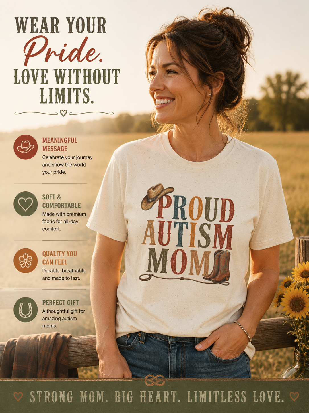 Proud Autism Mom T-Shirt — Rustic Western Cowboy Hat & Boots Design