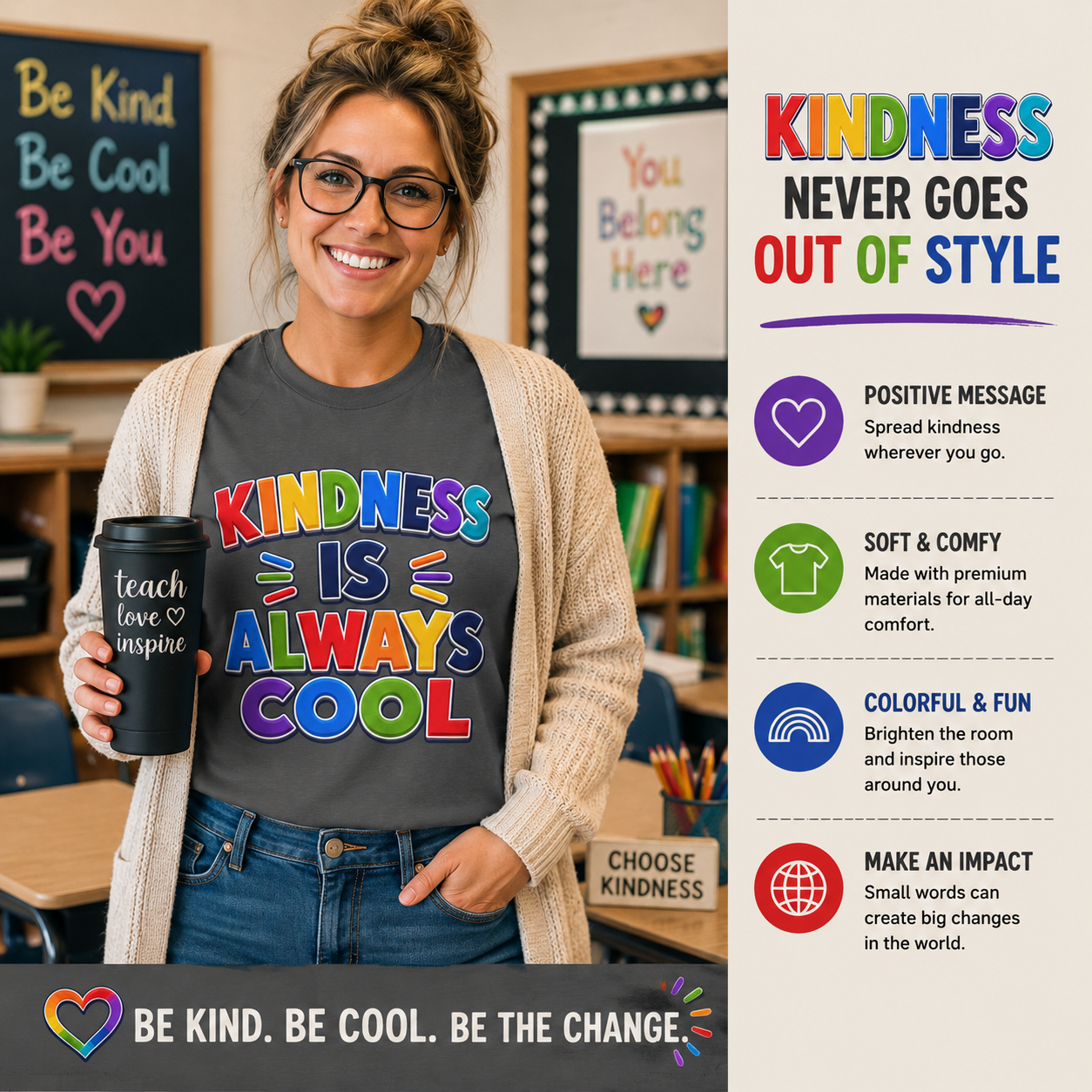 Kindness Is Always Cool Youth Tee | Rainbow Kids Shirt, Positive Message