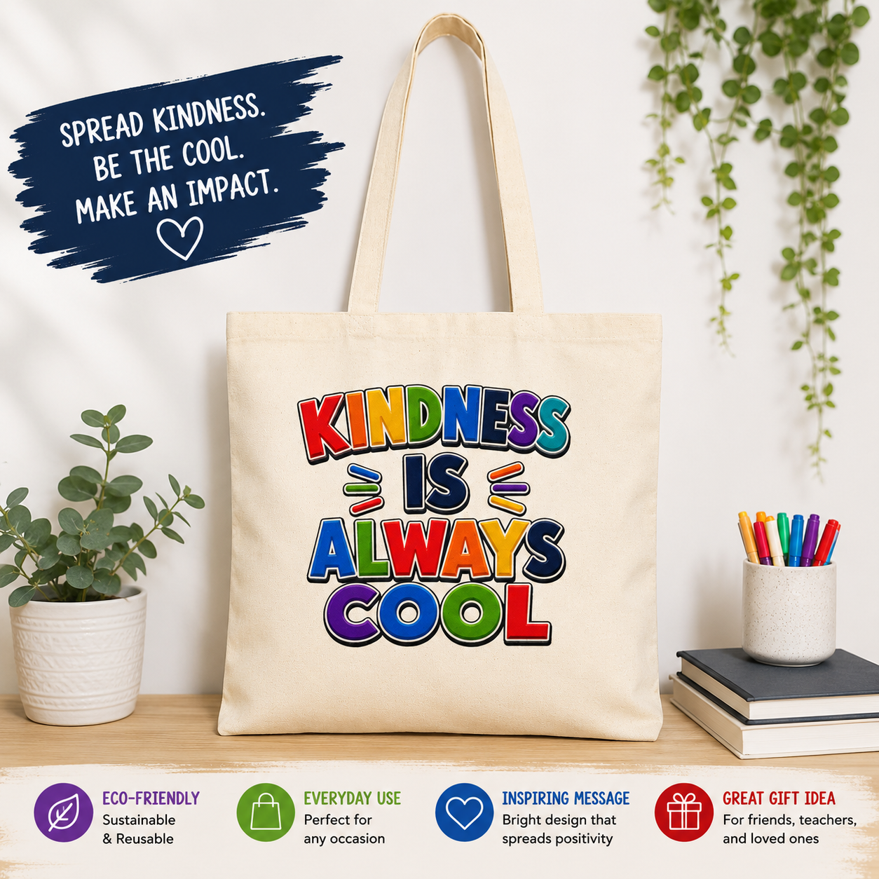Kindness Is Always Cool Tote Bag | Rainbow Positive Message