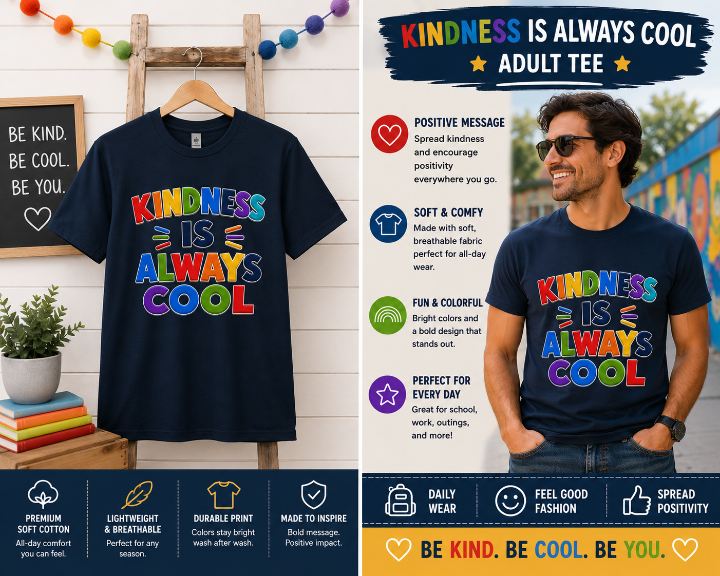 Kindness Is Always Cool T-shirt | Rainbow Positive Message Tee