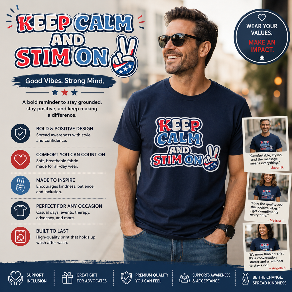 Keep Calm and Stim On Shirt Autism Awareness T Shirt Retro Peace Sign Tee Red White Blue Neurodiversity Sensory Support Gift