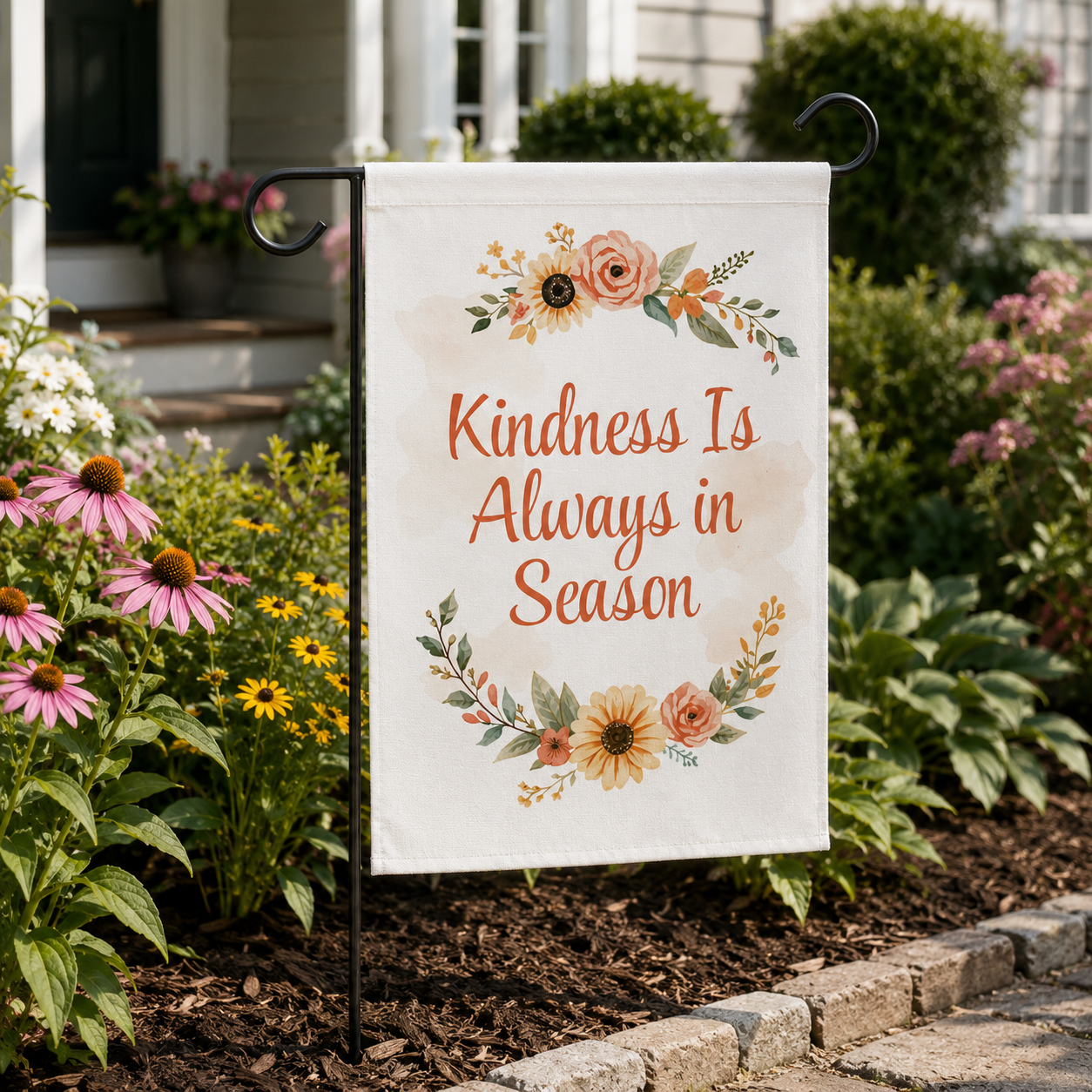 Kindness Is Always in Season Garden Banner | Floral Wreath, Neutral Pastel