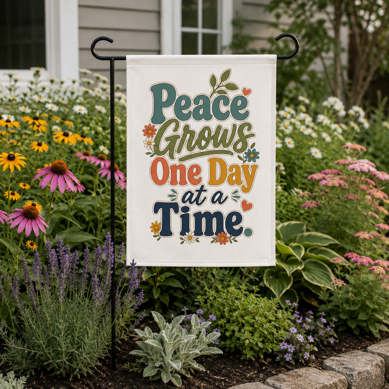 Peace Grows One Day at a Time Garden Banner | Floral Typography