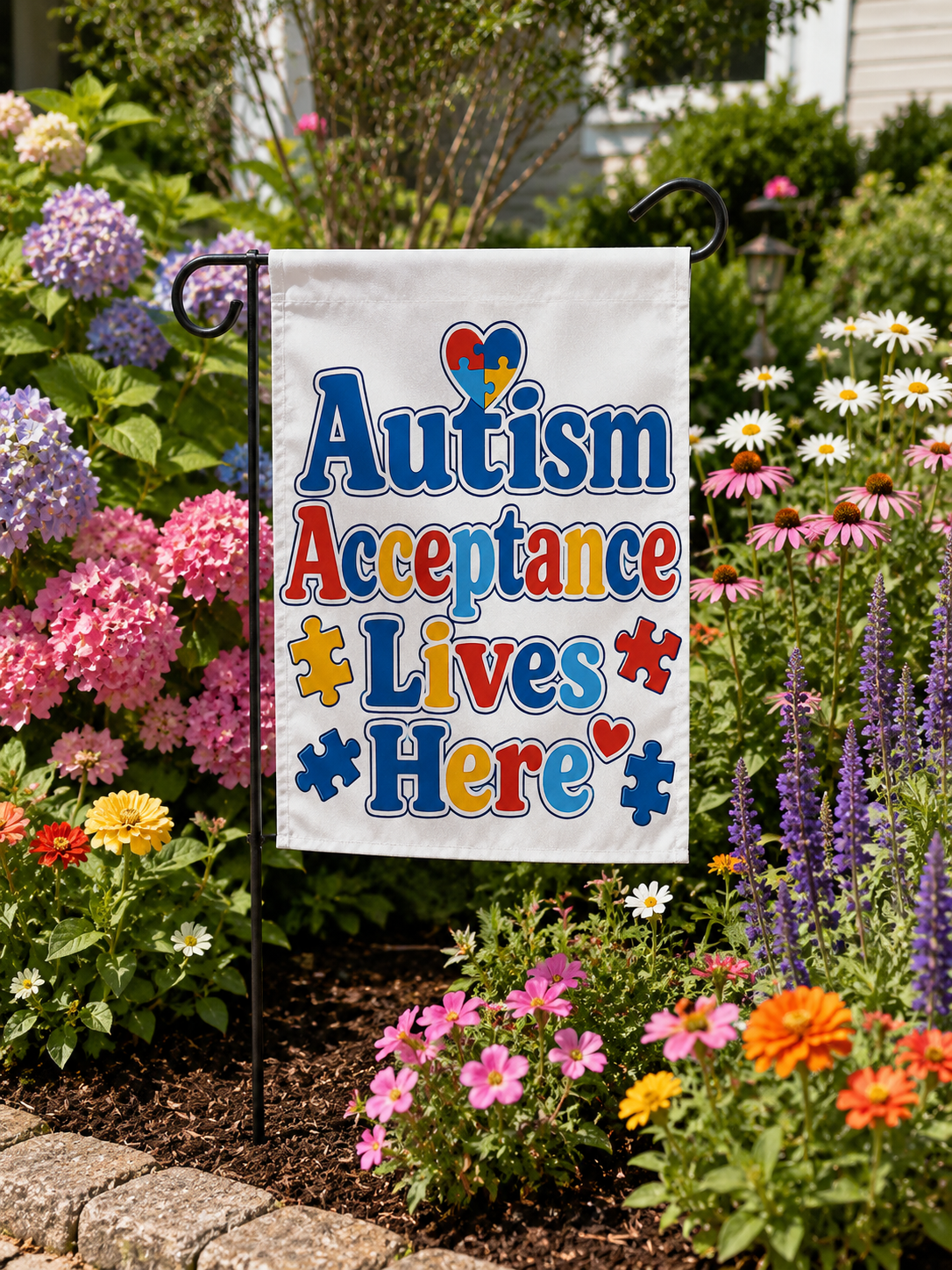 Autism Acceptance Lives Here Garden Banner | Puzzle Piece Welcome Flag