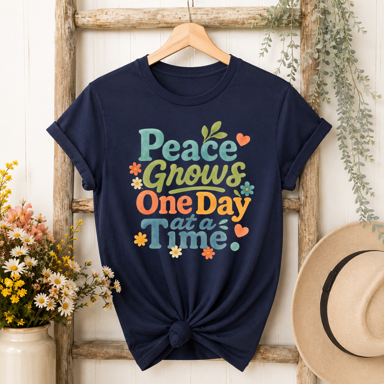 Peace Grows One Day at a Time Tee | Positive Quote Floral Typography