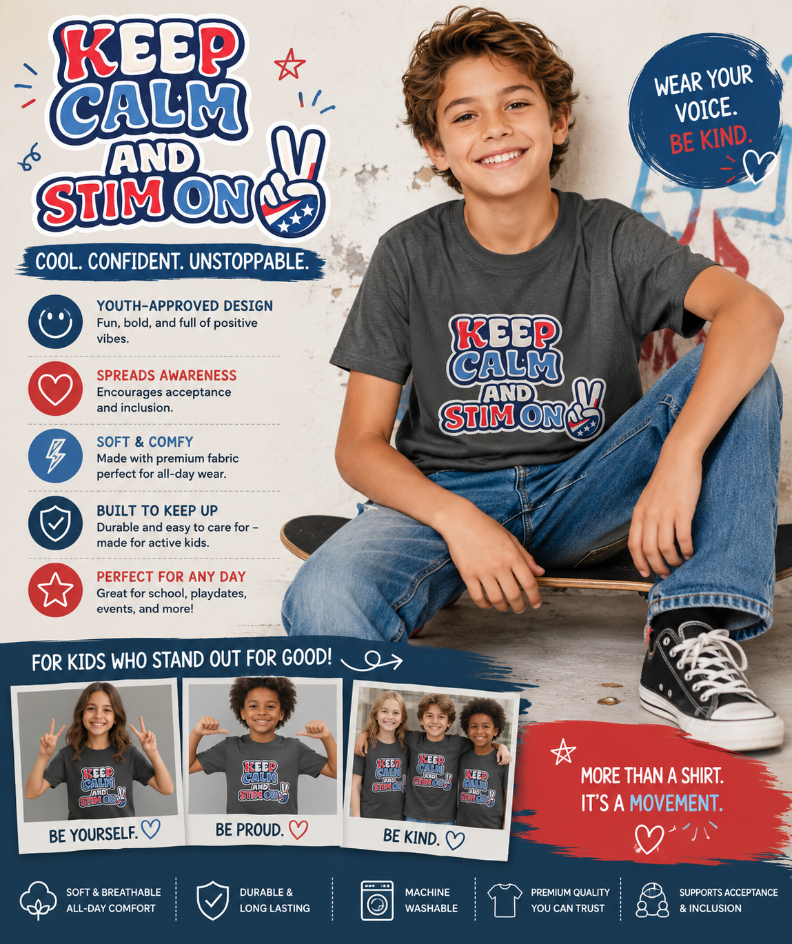 Keep Calm and Stim On Youth Shirt Autism Awareness T Shirt Peace Sign Tee Neurodivergent Kids Sensory Shirt Special Needs Gift