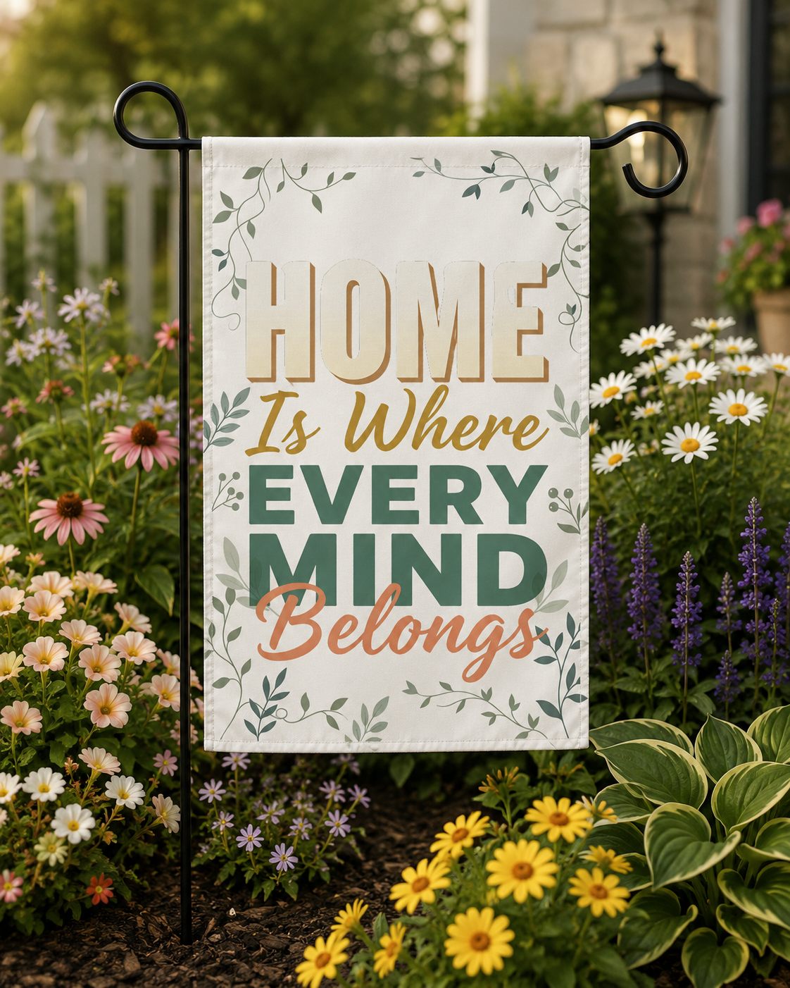 Home Is Where Every Mind Belongs Garden Banner | Welcome Floral Outdoor Flag