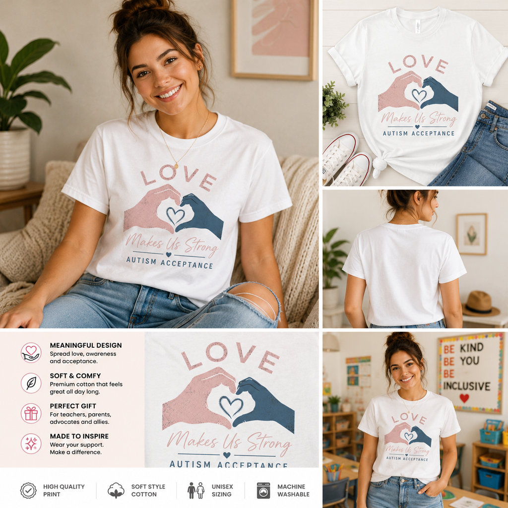 Love Makes Us Strong Autism Acceptance T-Shirt | Heart Hands Tee