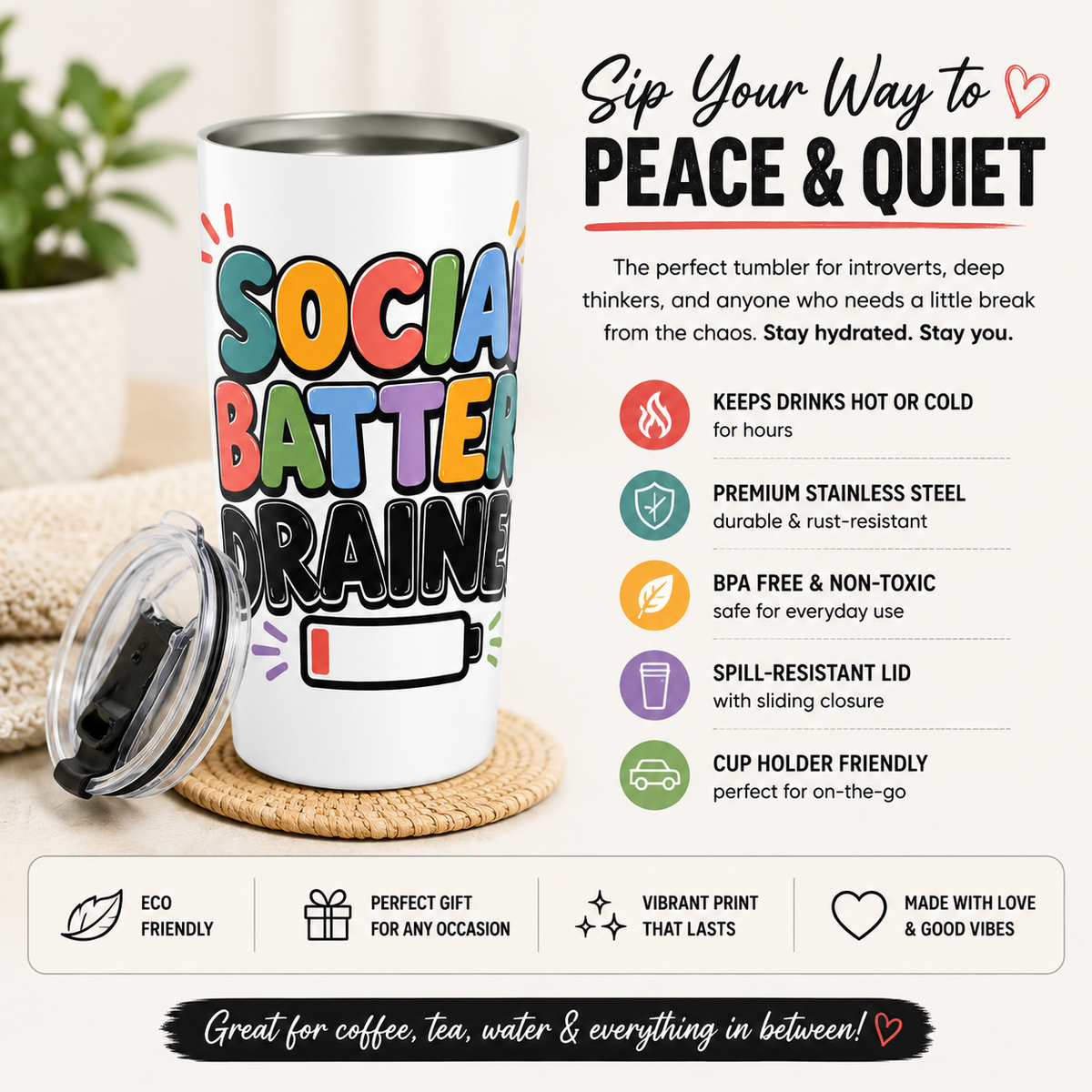 Social Battery Drained 20oz Tumbler | Funny Introvert Travel Mug | Insulated Stainless Steel Cup | Mental Health Humor Gift Special Needs