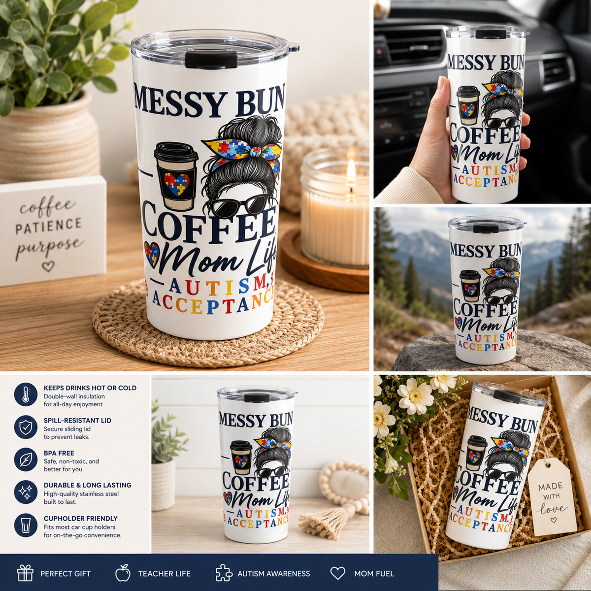 Autism Acceptance Coffee Mom 20oz Tumbler | Messy Bun Travel Mug | Puzzle Heart Insulated Cup | Special Needs Mom Gift