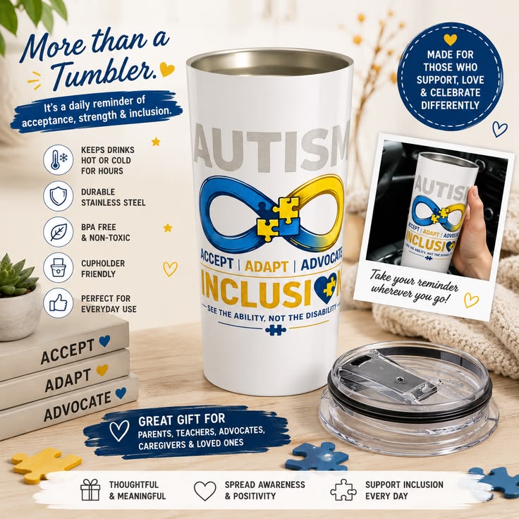 Autism Awareness 20oz Tumbler | Accept Adapt Advocate Travel Mug | Autism Acceptance Gift | Insulated Stainless Steel Cup