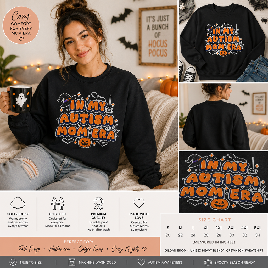 In My Autism Mom Era Sweatshirt, Halloween Pumpkin Bats Witch Hat Crewneck, Autism Awareness Fall Shirt, Autism Mom Halloween Gift