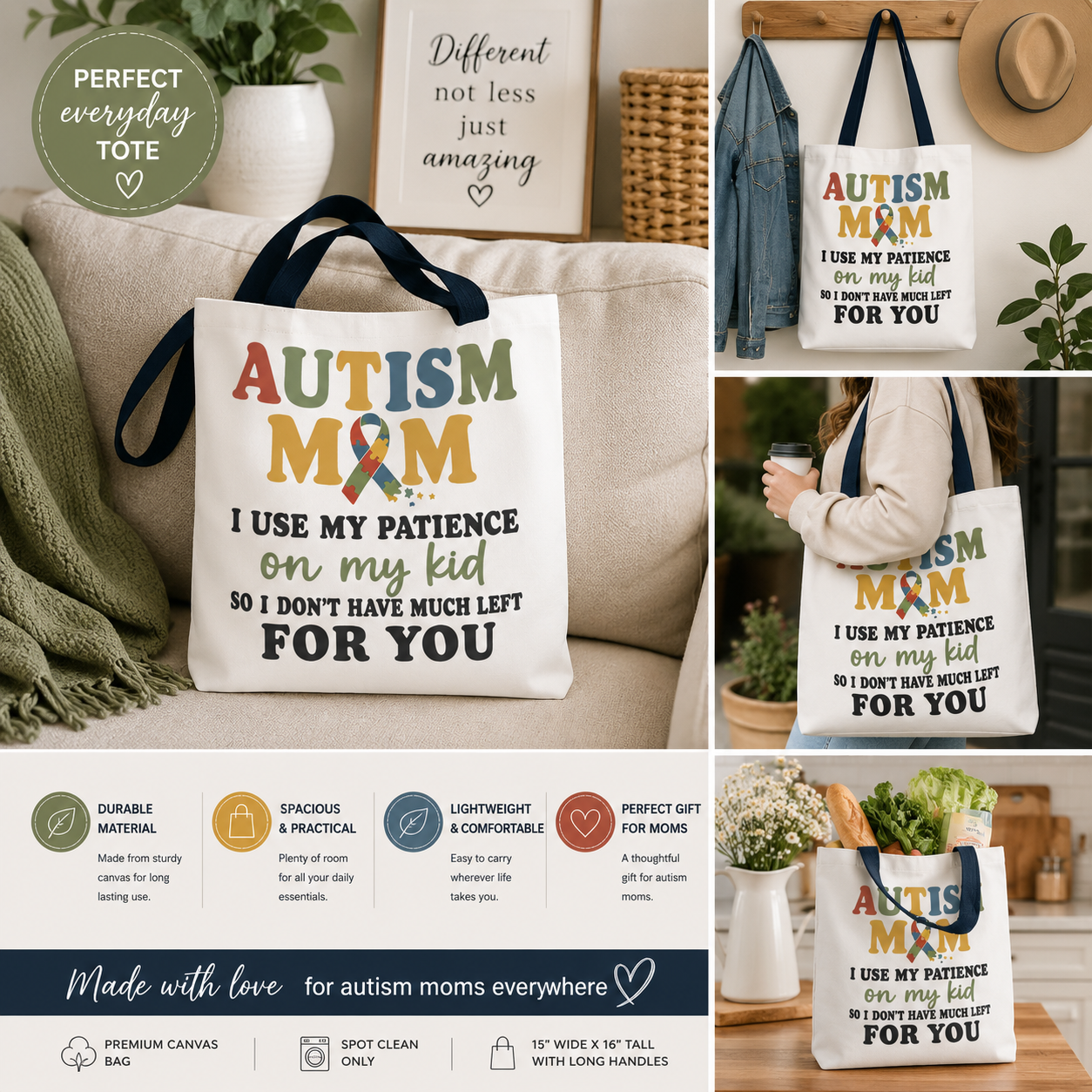 Autism Mom Ribbon Typography Tote Bag, Autism Awareness Tote, Autism Support Bag, Autism Mom Gift, Neurodiversity Canvas Tote Bag
