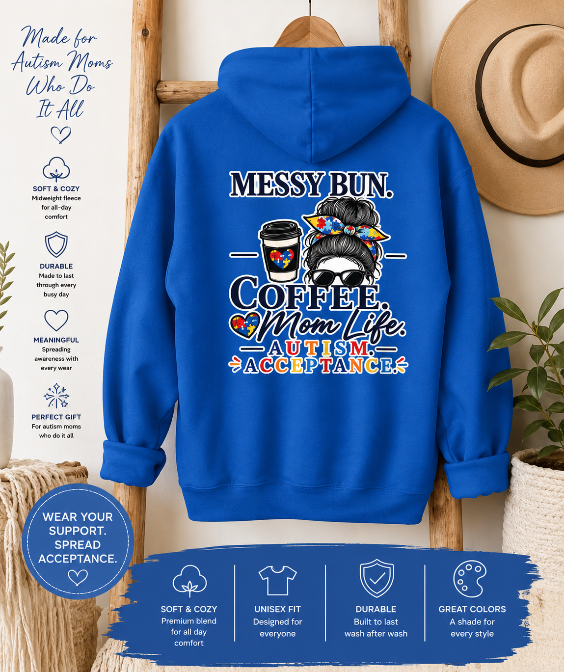 Autism Mom Hoodie Messy Bun Coffee Mom Life Sweatshirt Autism Acceptance Hoodie Special Needs Mom Gift Neurodiversity