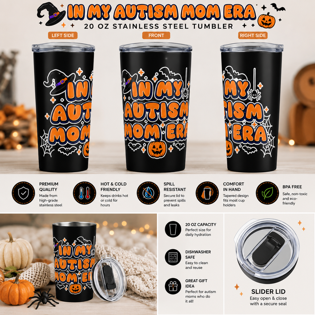 Autism Mom Halloween Tumbler | Pumpkin Bats Spooky Orange Cup