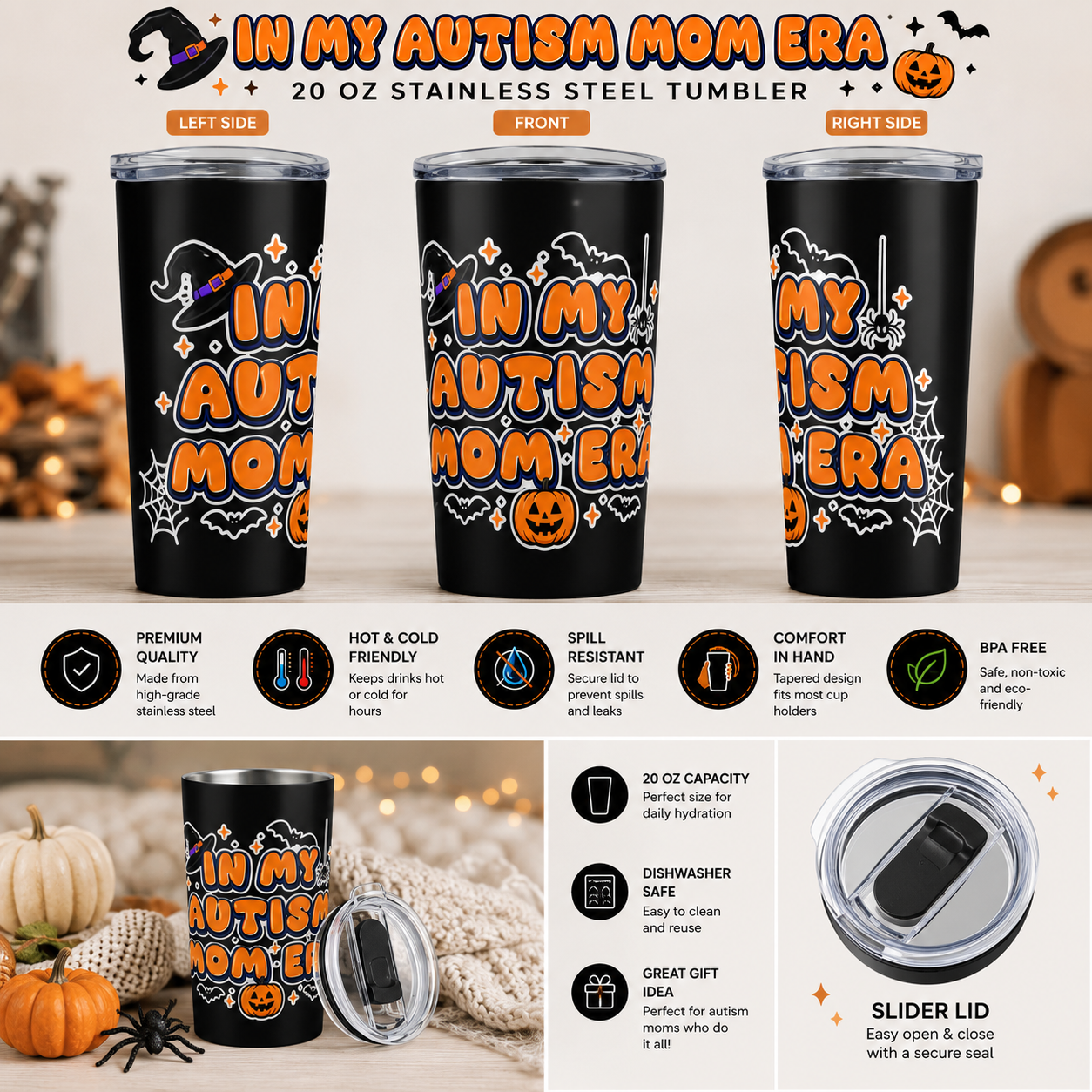 Autism Mom Halloween Tumbler | Pumpkin Bats Spooky Orange Cup
