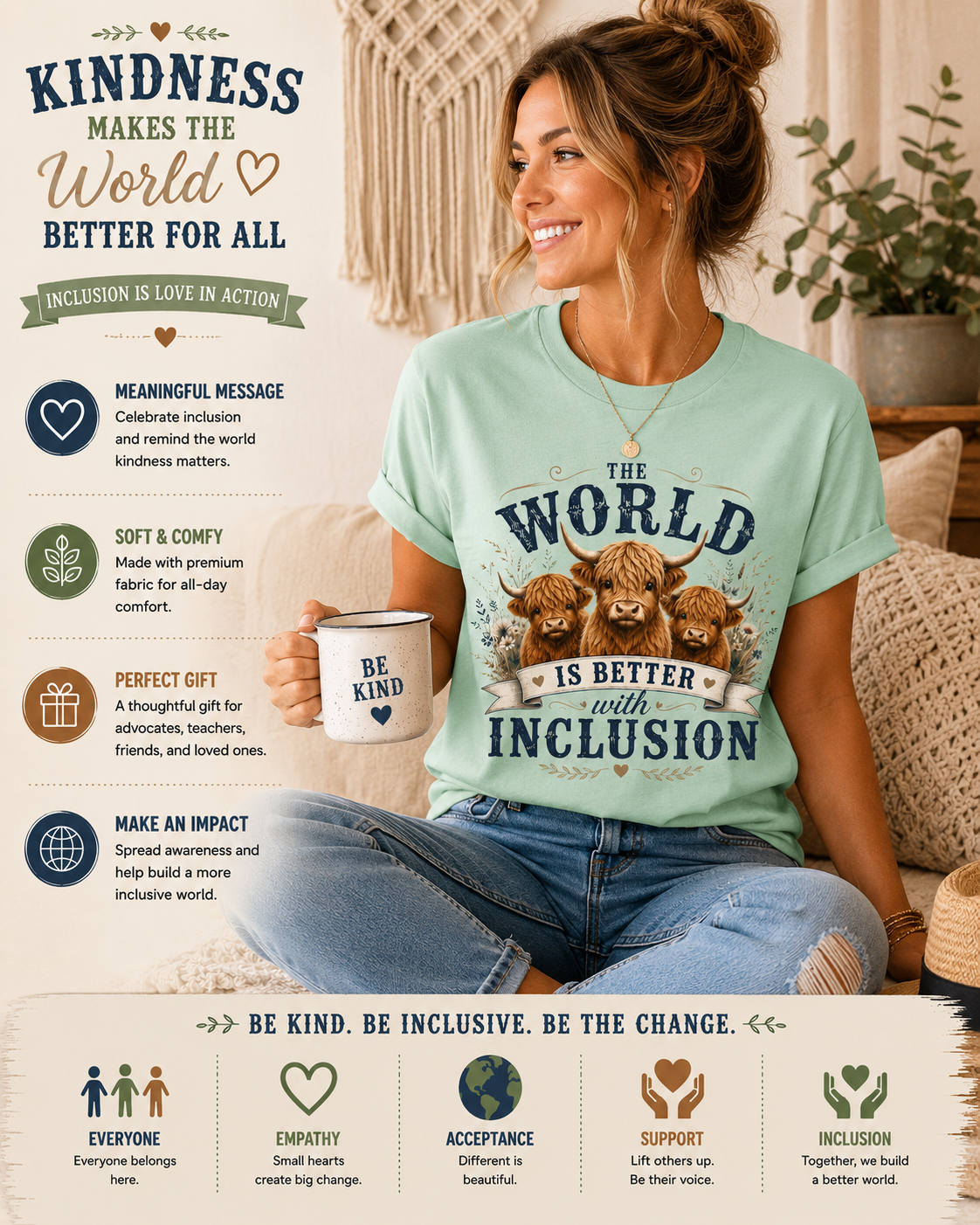World is Better with Inclusion Tee | Highland Cows Illustration