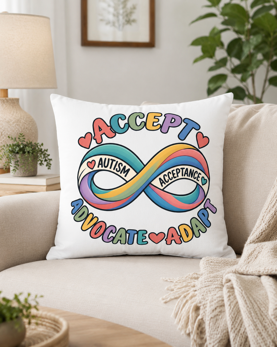 Autism Acceptance Infinity Pillow, Accept Advocate Adapt Throw Pillow Cover, Autism Awareness Home Decor, Neurodiversity Gift Pillow