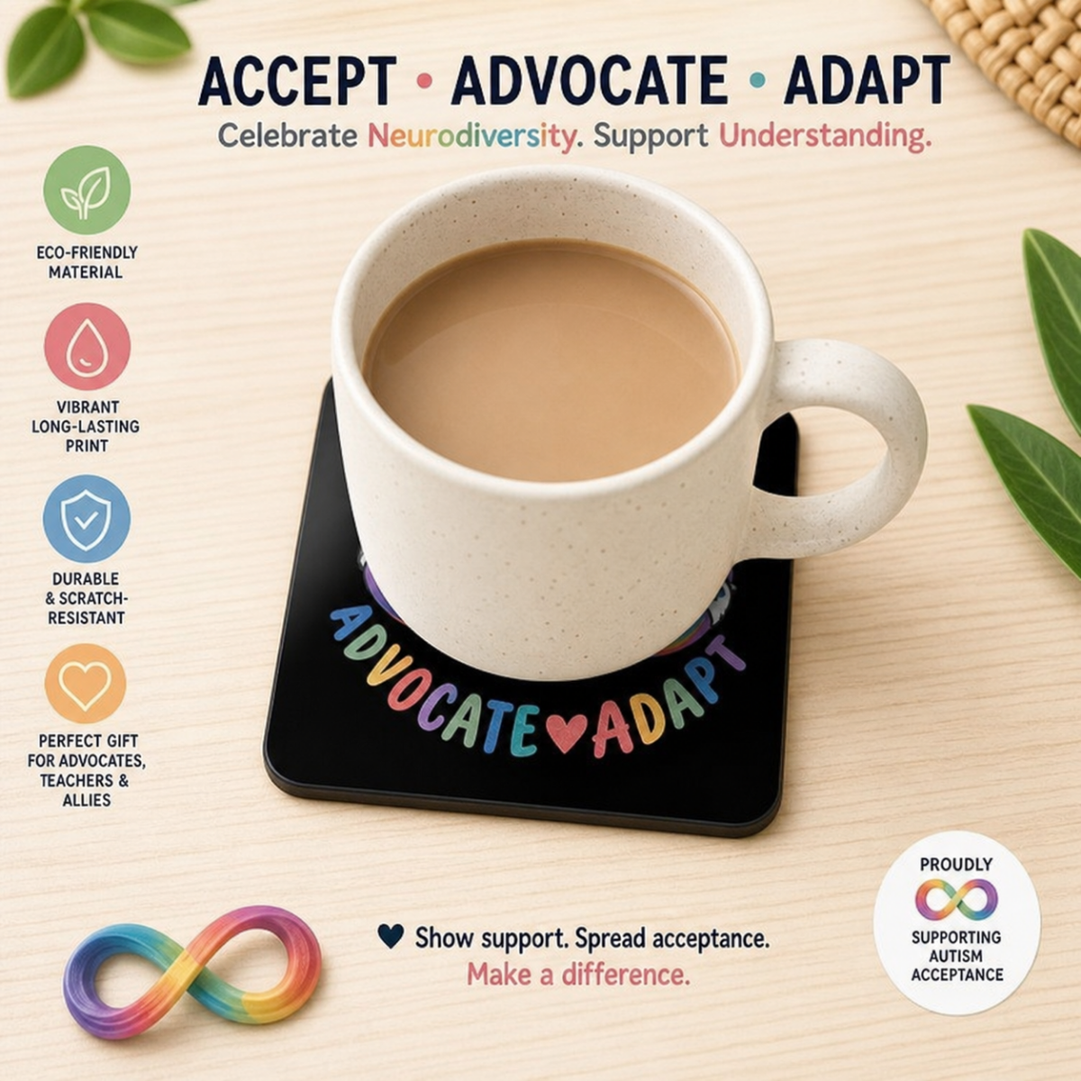 Autism Acceptance Coasters Set of 4, Hardboard Cork Bottom Coasters, Infinity Puzzle Design, Autism Awareness Home Decor Gift