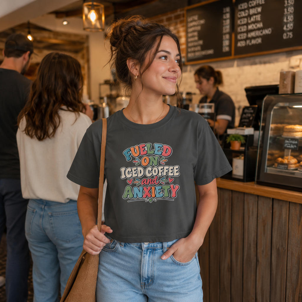 Fueled On Iced Coffee And Anxiety Boxy Tee, Women's Cute Retro Lettering Shirt, Funny Mental Health T-Shirt, Trendy Coffee Lover Gift